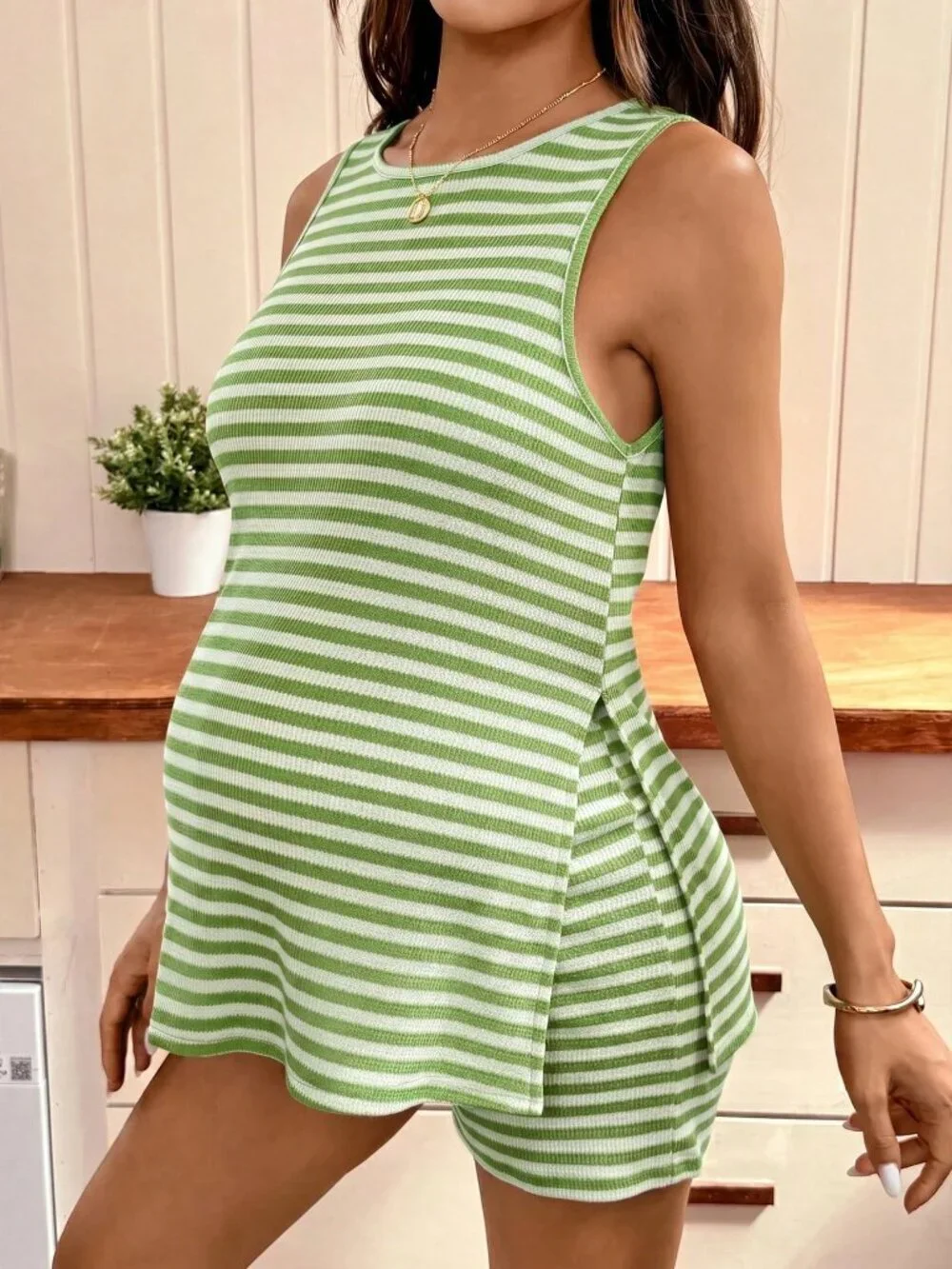 Green Striped maternity Women's Round Neck Tank Top & Adjustable Shorts Set